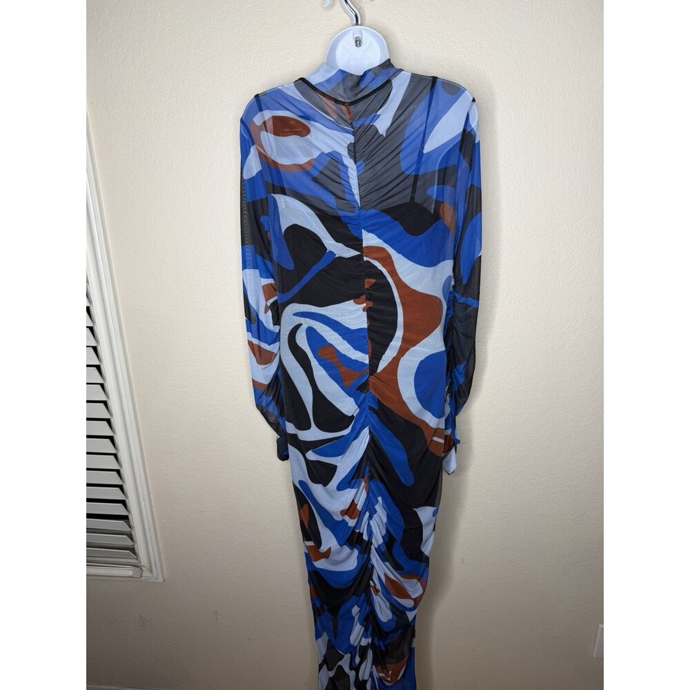 New Monica Ahanonu Long Sleeve Maxi Mesh Dress Blue Black 2pc Size XL NWT - Picture 7 of 9